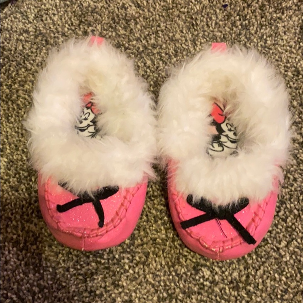Pink sparkle and fur moccasin slippers